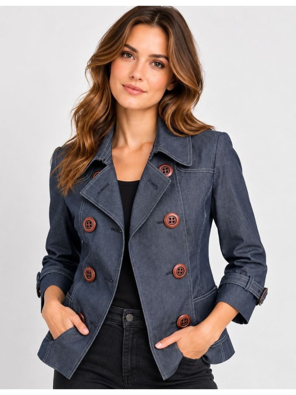 ETCETERA Denim Double Breasted Jacket Blue Size 4